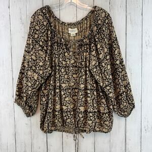 Denim & Supply Tan Black Floral 3/4 Sleeve Boho Peasant Top Tie Hem Size Large
